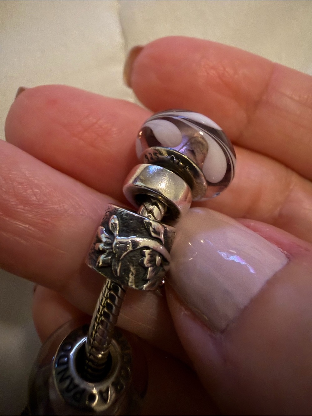 Pandora Sterling Silver Bracelet with Pink and Mauve Murano Glass and Charms - Picture 8 of 11